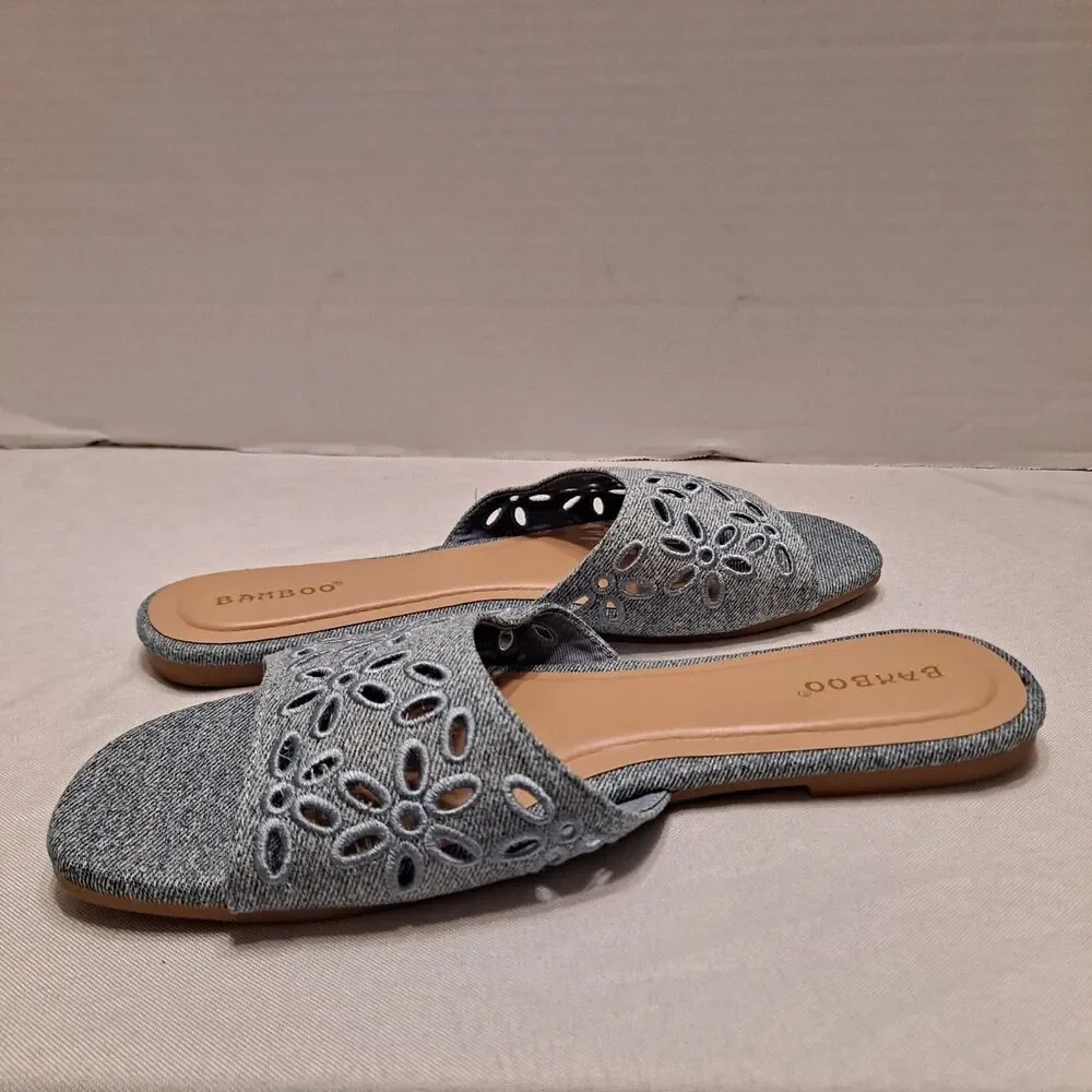Bamboo Women's Denim Slide Sandals Size 7.5 Blue Floral Embroidered Perforated